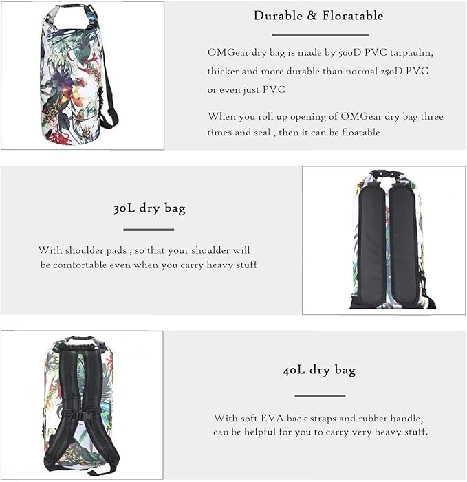 OMGear Waterproof Dry Bag Backpack Phone Pouch 40L/30L/20L/10L/5L Floating Dry Sack for Kayaking Boating Outdoors Activities