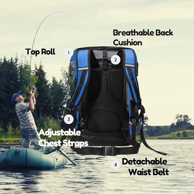 Waterproof Roll Top Kayak Dry Backpack, Floating Outdoor Dry Sack Boating Sailing Canoeing Rafting Fishing Camping 55L Blue