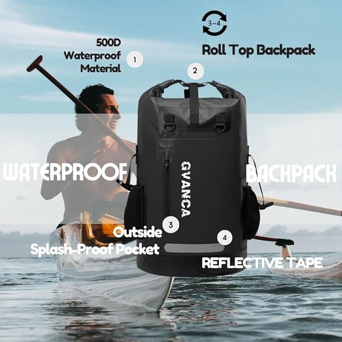 Waterproof Roll Top Kayak Dry Backpack, Floating Outdoor Dry Sack Boating Sailing Canoeing Rafting Fishing Camping 35L Black