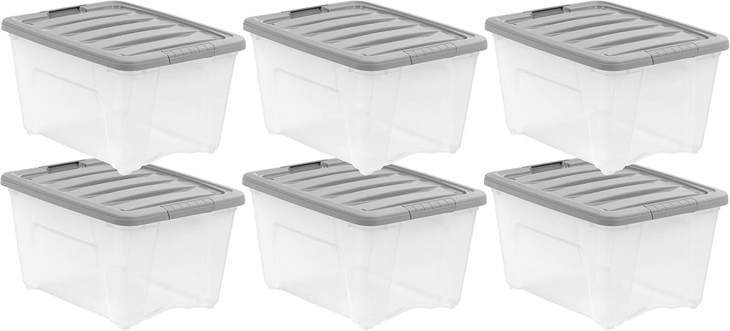 Amazon Basics Plastic Storage Containers with Secure Latching Lids, Stackable Organization Bins, 32 Quart, Set of 6, Clear/Grey