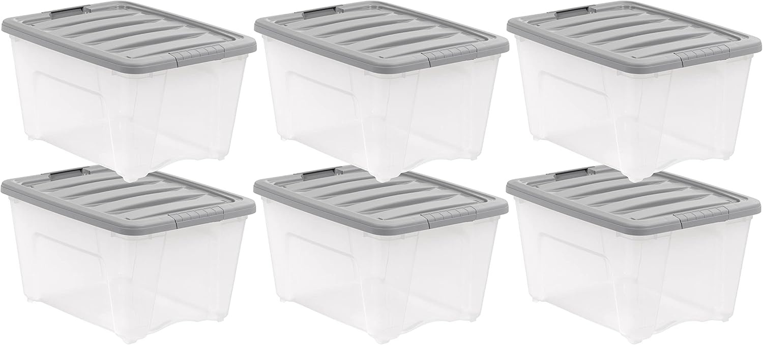 Amazon Basics Plastic Storage Containers with Secure Latching Lids, Stackable Organization Bins, 32 Quart, Set of 6, Clear/Grey