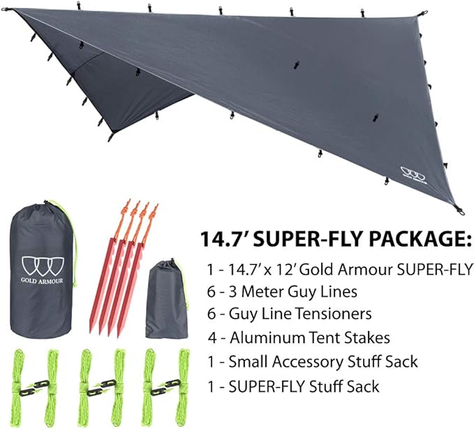 Gold Armour Rainfly Tarp Hammock, Premium 14.7ft/12ft/10ft/8ft Rain Fly Cover, Waterproof Ultralight Camping Shelter Canopy, Survival Equipment Gear Camping Tent Accessories (Gray 14.7ft x 12ft)