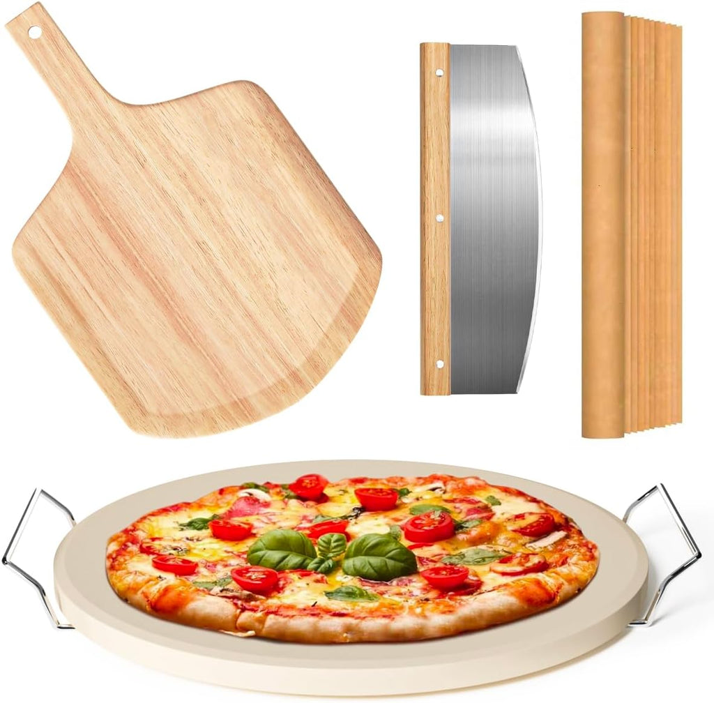 5 PCS Round Pizza Stone Set, 13" Pizza Stone for Oven and Grill with Pizza Peel(OAK),Serving Rack, Pizza Cutter & 10pcs Cooking Paper for Free, Baking Stone for Pizza, Bread