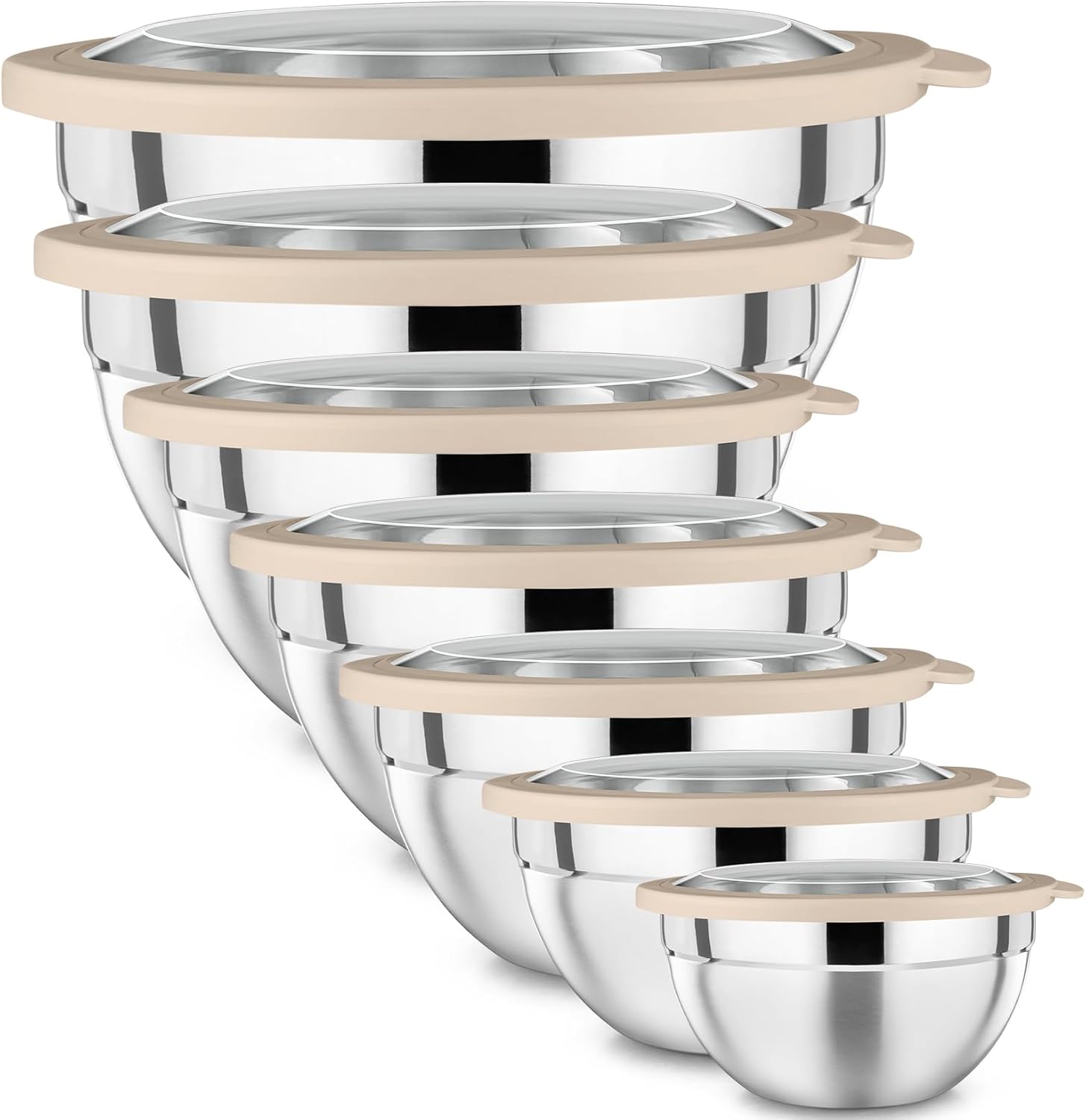 P&P CHEF Mixing Bowl with Lid Set of 7, Stainless Steel Nesting Salad Bowls for Cooking Serving Prepping, Clear Lids & Stackable Design, Size 4.6, 3.5, 3, 2, 1.5, 1, 0.7 Qt - Khaki