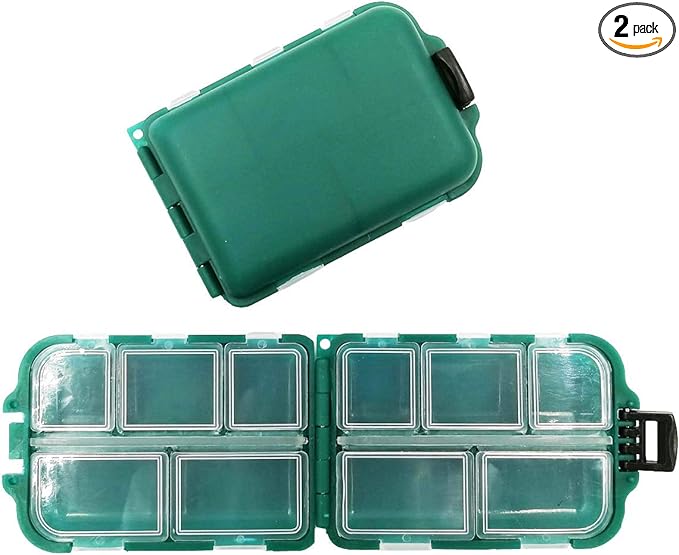 2x Small Hard Fishing Tackle Box Portable Case Hooks Lure Baits Storage Box Containers For Storing Swivels Jigs Hooks Sinker,10 Compartments (Green)