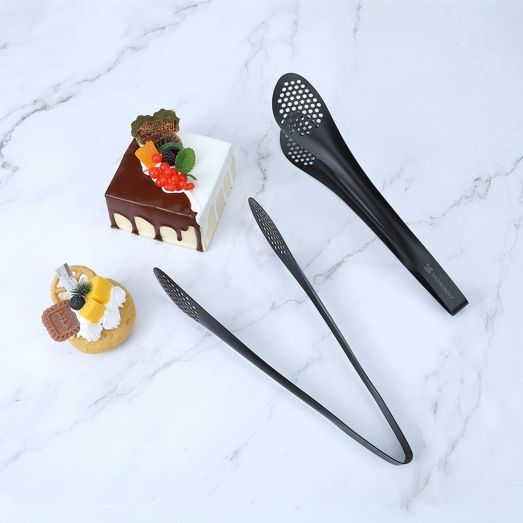 MSY BIGSUNNY Stainless Steel Buffet Tongs - Heavy Duty Kitchen Food Tong for Cooking and Serving (Black - 11" Serving Tongs)