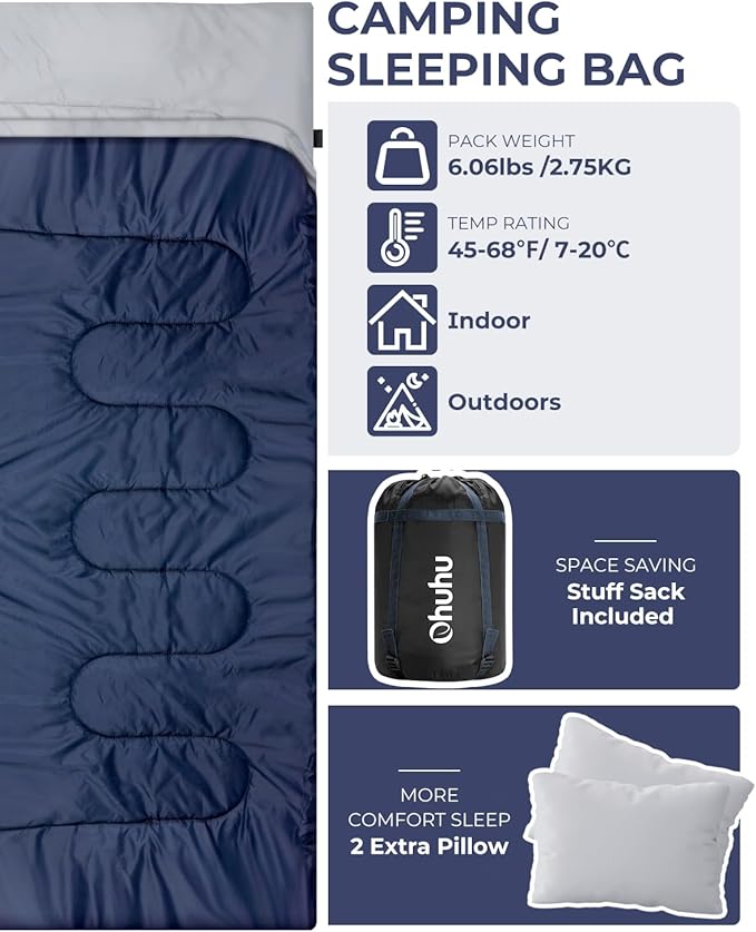 Ohuhu Double Sleeping Bag for Adults with 2 Pillows, Queen Size Two Person Sleeping Bag for Camping Hiking Backpacking 2 Person Sleeping Bags for Cold Weather & Warm