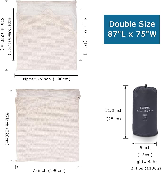100% Cotton Sleeping Bag Liner with Full Length Zipper on 3 Sides; Single/Double Adult Sleep Sack for Travel & Camping, Multifunctional Travel Sheets (Unzipped 87”x87”) for Hotel, Lightweight