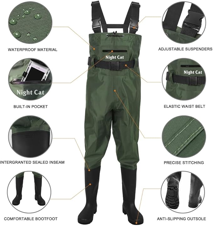 Night Cat Fishing Waders for Men Women Waterproof Hunting Chest Wader with Bootfoot Belt Breathable Lightweight Size 6 to 14