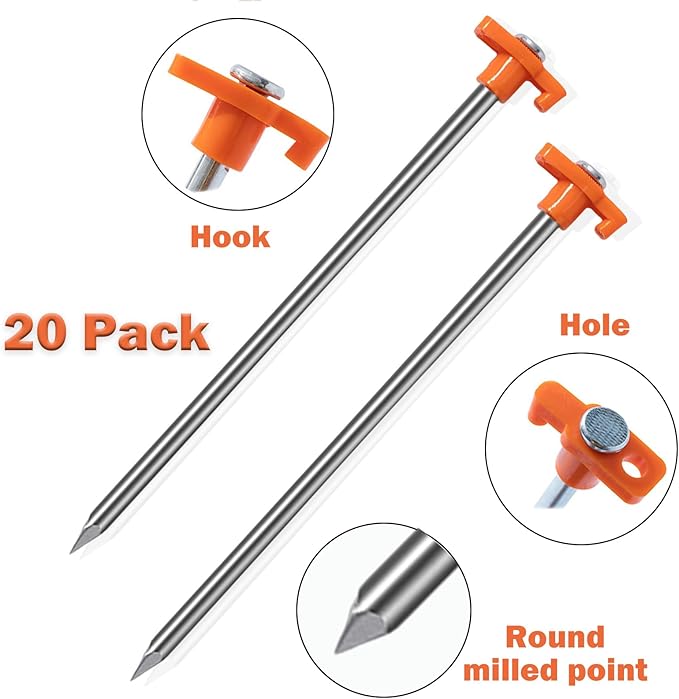 Cheardia 20 Pack Tent Stakes Heavy Duty, 10.25 Inch Yard Stakes Non-Rust Metal Tent Pegs Ground Stakes Tent Spikes for Camping Patio, Garden, Canopies, Grassland, Outdoor, Orange