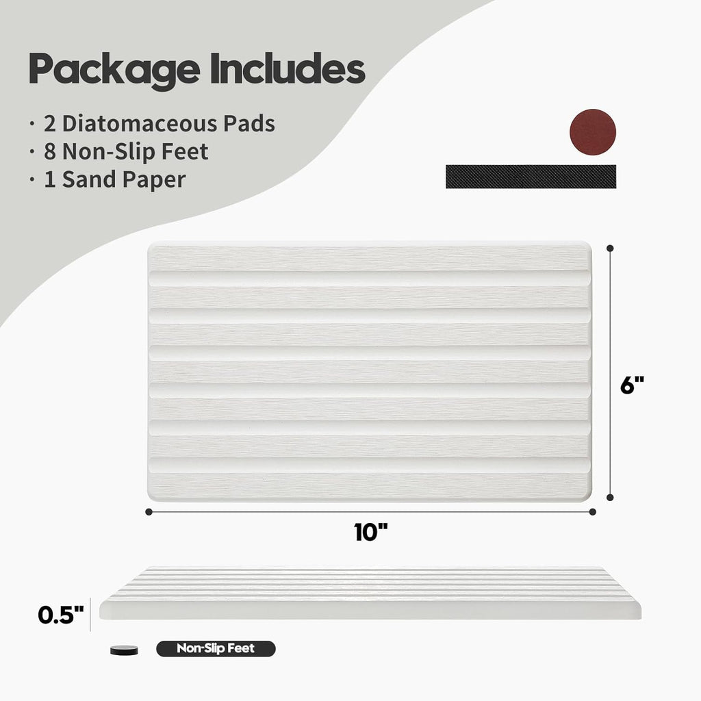 2PCS Water Absorbing Stone Drying Tray Mat for Bathroom Sink & Kitchen Counter Organizer, Quick Dry Dish Soap Dispenser Sponge Holder, Vanity Sink Caddy, Drink Bar Coaster, White - 10"*6"