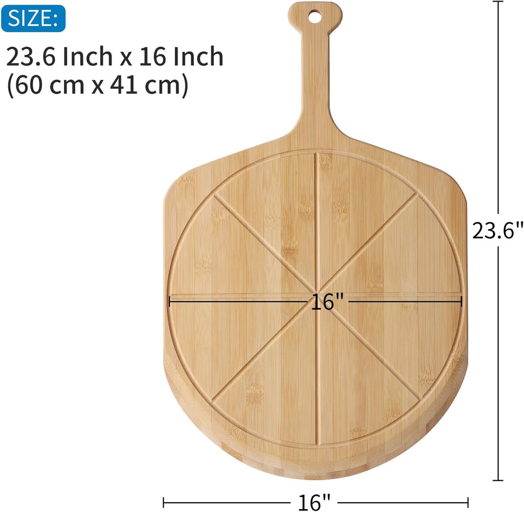 16' Bamboo Pizza Peel - Lightweight Smooth Wooden Paddle and Pizza Cutting Board with 8 Slice Grooves, Outdoor Oven Accessories, 23.6 x 16 Inch