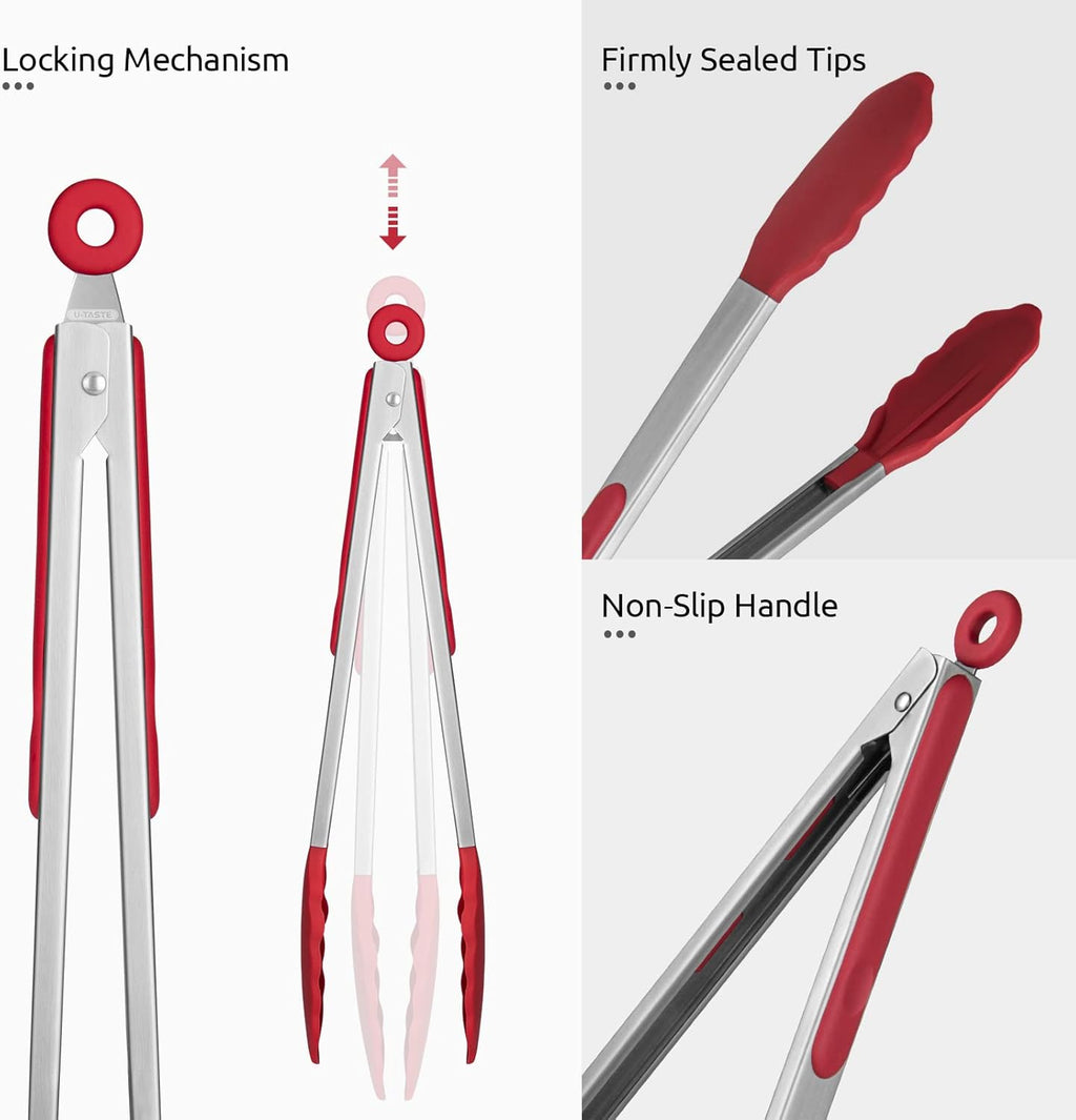 600ºF Heat Resistant Kitchen Tongs: U-Taste 12 inch Large Silicone Cooking Tong with Sturdy Non Stick Rubber Tips & Silicon Coated 18/8 Stainless Steel Handle & Smooth Locking for Serving Grill (Red)
