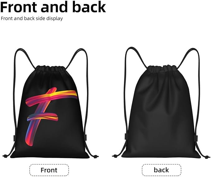 Drawstring Bags Initial Drawstring Backpack Sackpack Black Draw String Cinch Bags for Sports, Gym, Travel, Swimming, Beach, Camping, Rainbow Letter F