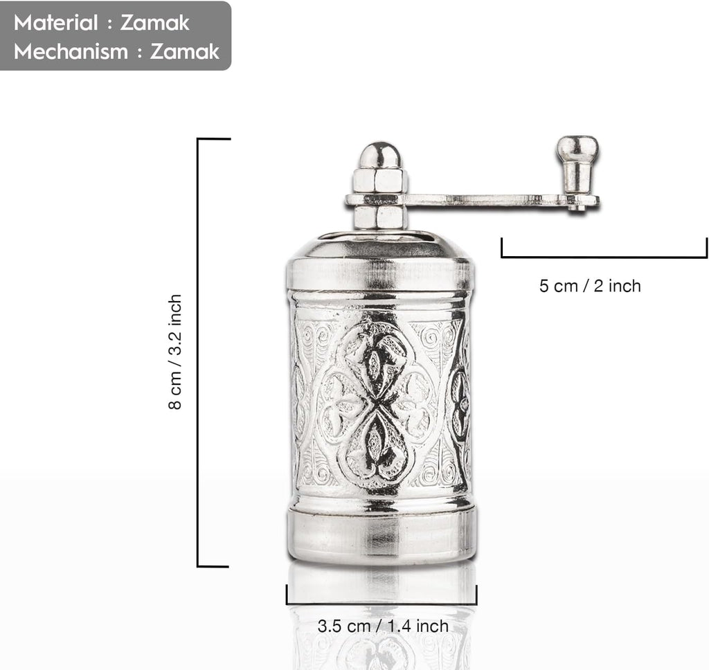 Decorative Handmade Black Pepper Grinder, Refillable Turkish Spice Mill with Adjustable Coarseness, Manual Pepper Mill with Handle, Spice Grinder with Hand Crank 8 cm-3.1 inch
