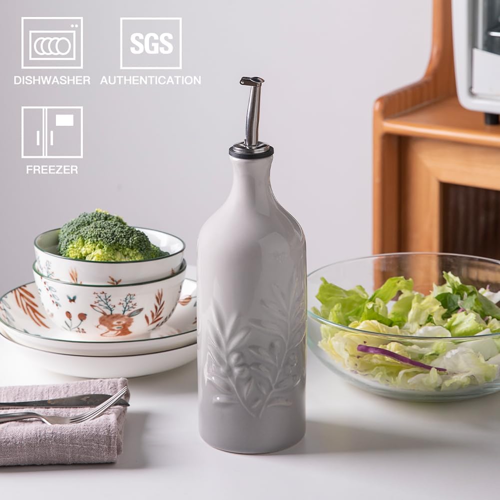 Sweejar Ceramic Olive Oil Dispenser Bottle, 20 Oz Relief Opaque Oil Cruet Protects Oil To Reduce Oxidation, Storage Vinegar, Soy Sauce, Coffee Syrup, Liquids, Set of 1 (Gradient Fog Gray)