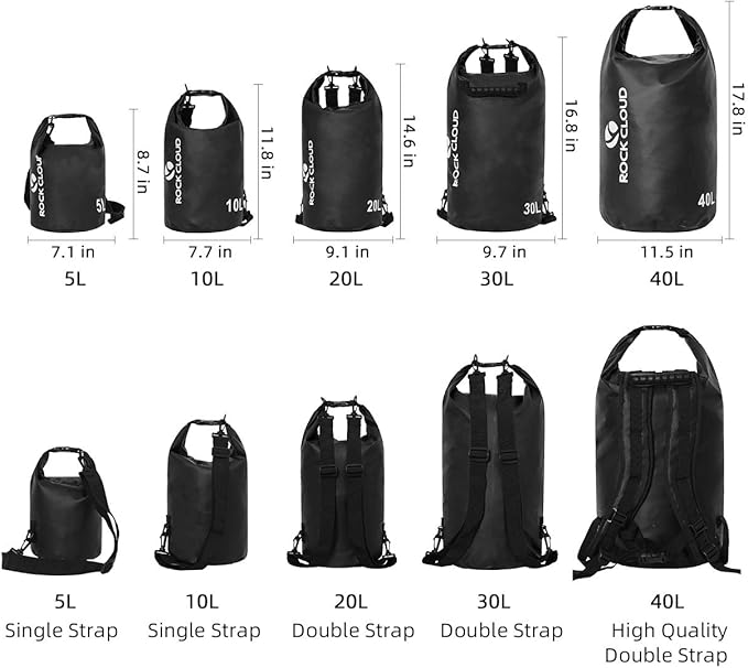 ROCK CLOUD Dry Bag Waterproof 20L Dry Sack for Kayaking Rafting Boating Beach Surfing Swimming Canoe Camping Hiking Fishing Ski, Black