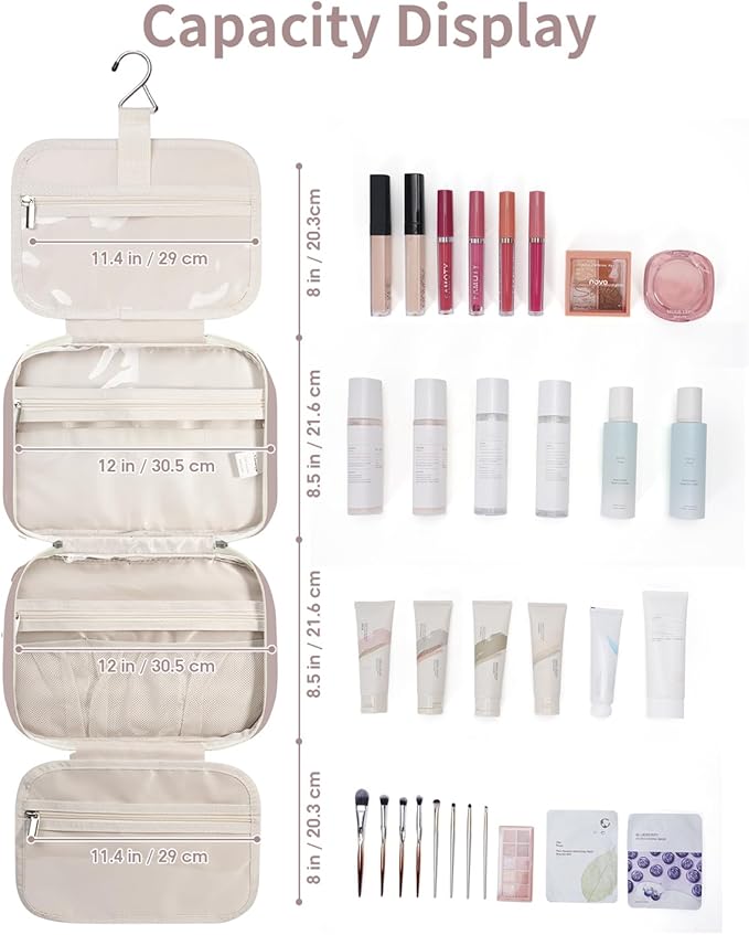 Travel Toiletry Bag for Women Large Hanging Makeup Bag Organizer Toiletries Bag for Full Size Essentials Accessories Cosmetics (Dusty Rose (Large))