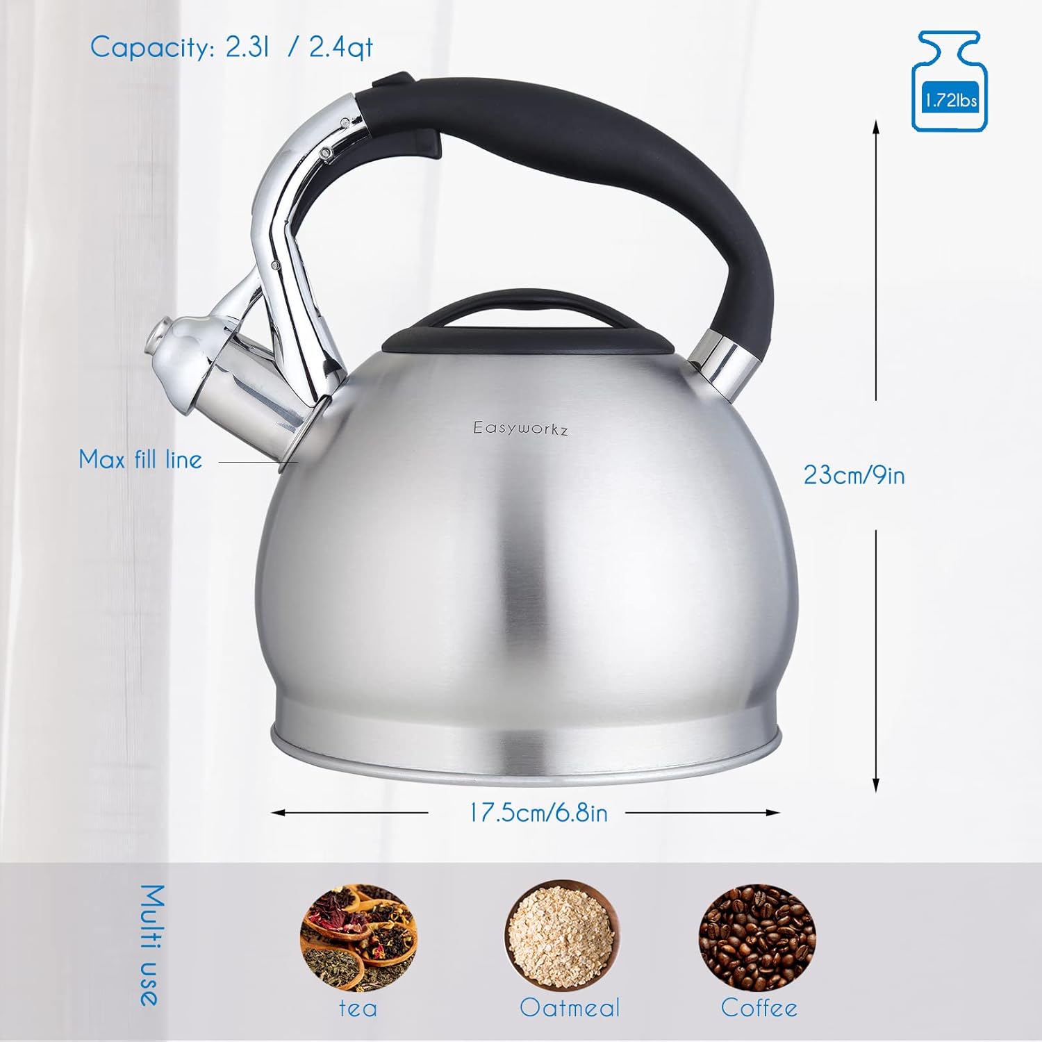 Easyworkz Whistling Stovetop Tea Kettle Food Grade Stainless Steel Hot Water Tea Pot With Loud Whistle, 2.4 Quart(2.3l)