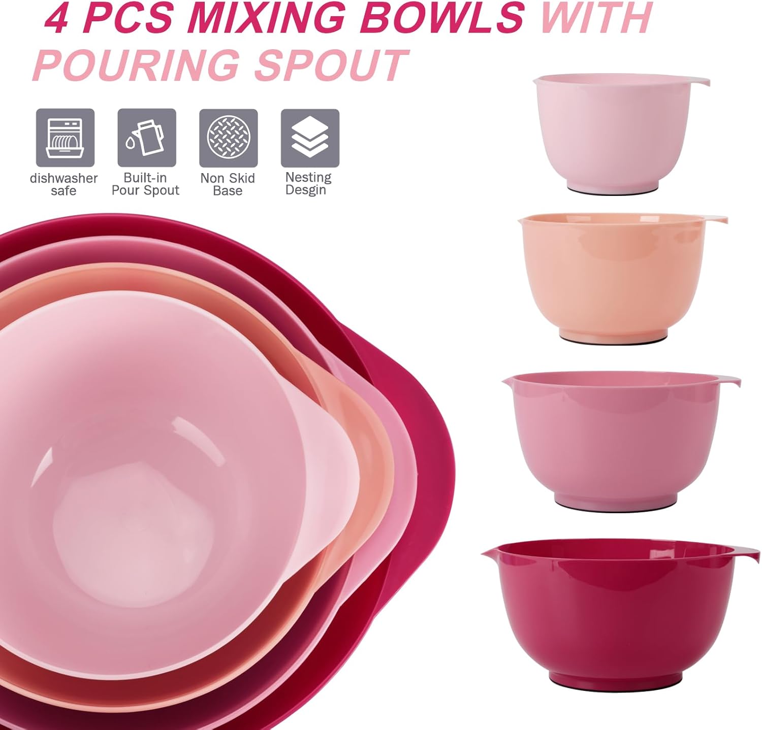 BoxedHome Classic Mixing Bowl Set, BPA Free Plastic, Microwave and Dishwasher Safe (Set of 4, Rose red), 4.5 quarts