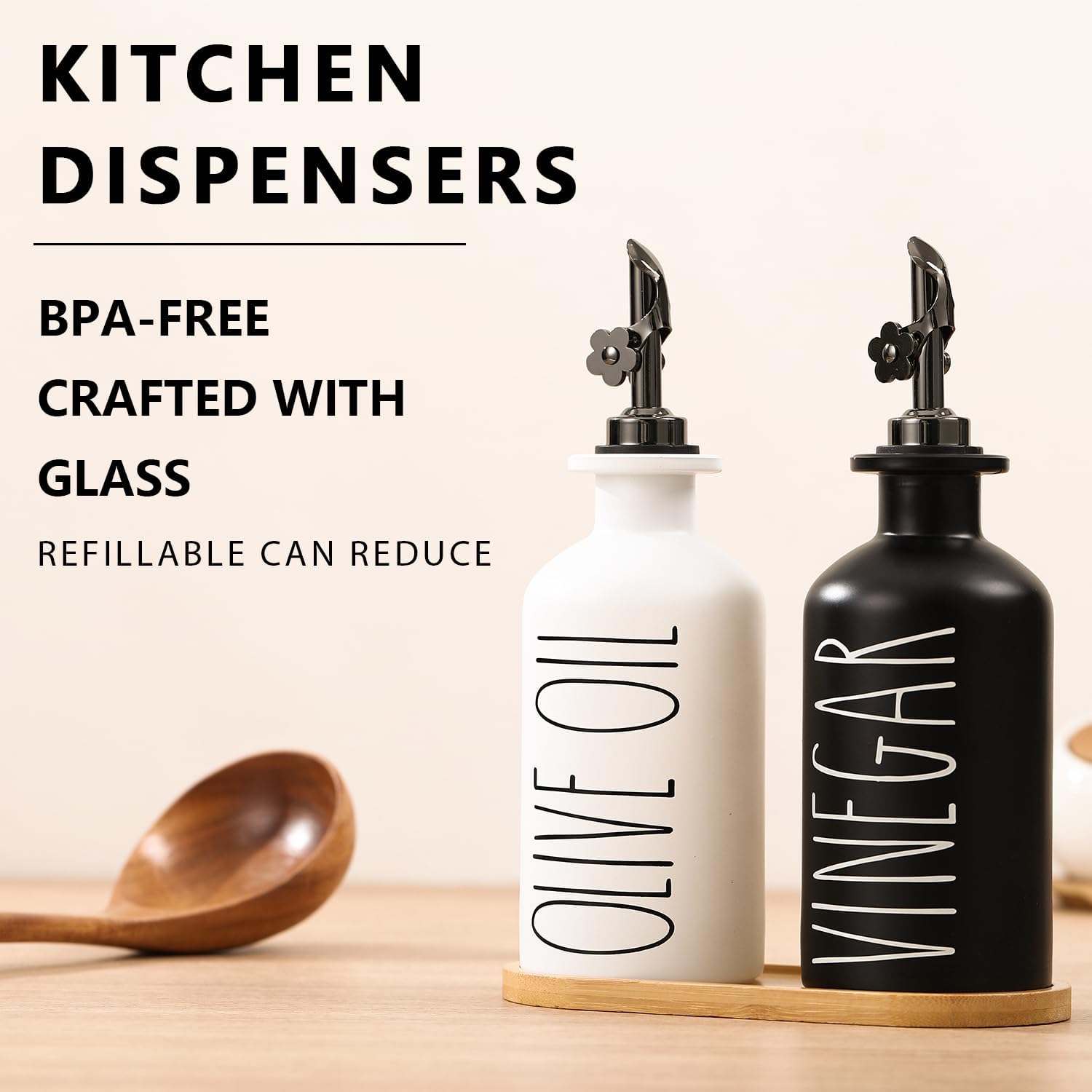 HOMCDALY Premium Olive Oil Dispenser for Kitchen, 11.8oz Glass Oil Bottles with Bamboo Tray, Oil&Vinegar Cruet Set, Kitchen Dispenser Bottles with Pourer | Set of 2 (11.8oz –P–Black&White)