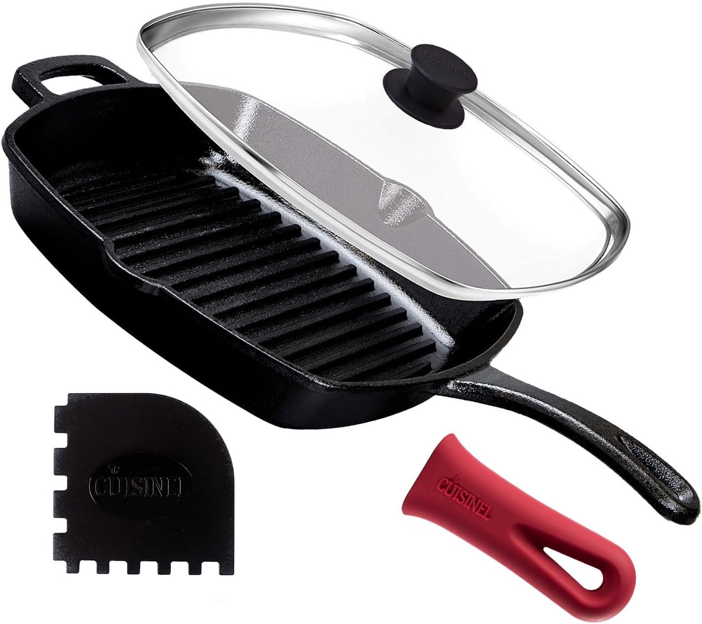 Cuisinel Cast Iron Square Grill Pan + Glass Lid + Pan Scraper + Handle Cover - 10.5" Pre-Seasoned Ridged Skillet - Grill, Stovetop, Fire, Indoor/Outdoor Use - for Grilling, Frying, Sauteing