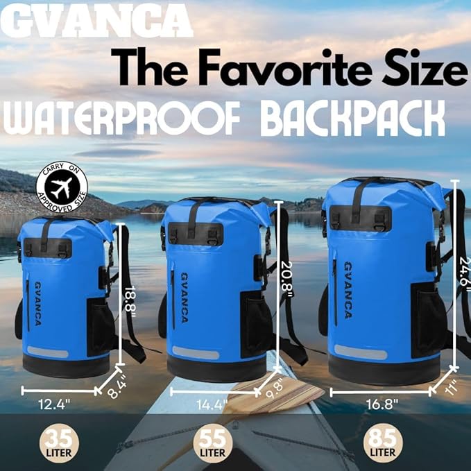Waterproof Roll Top Kayak Backpack, Floating Outdoor Dry Sack Boating Sailing Canoeing Rafting Fishing Camping 35L Blue