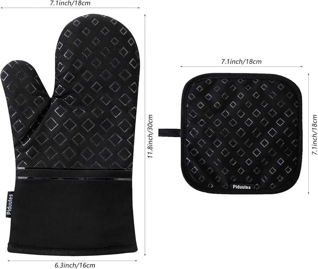 Set of 4 Oven Mitts and Pot Holders, 482 F Heat Resistant Hot Plate Moving Non-Slip Gloves for BBQ, Grill, Baking, Cooking, Oven, Microwave (Black)