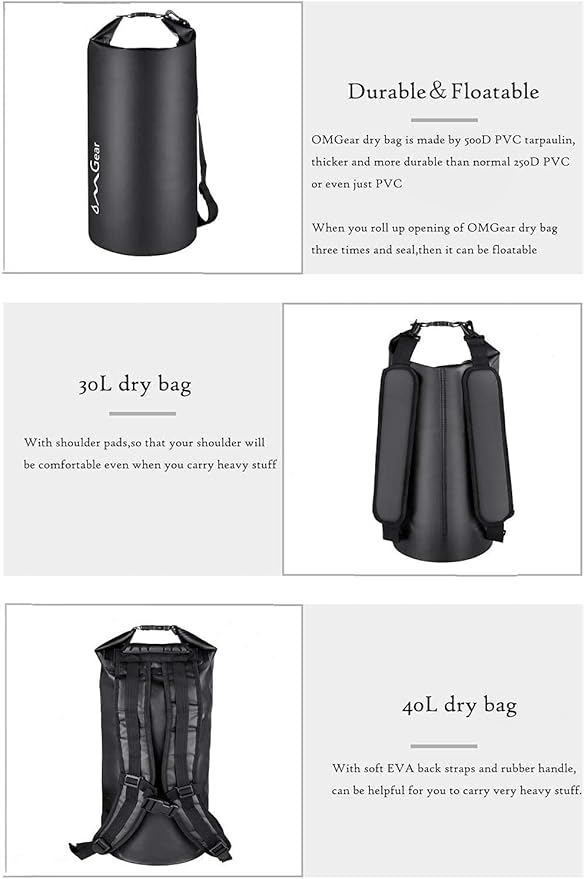 OMGear Waterproof Dry Bag Backpack Phone Pouch 40L/30L/20L/10L/5L Floating Dry Sack for Kayaking Boating Outdoors Activities