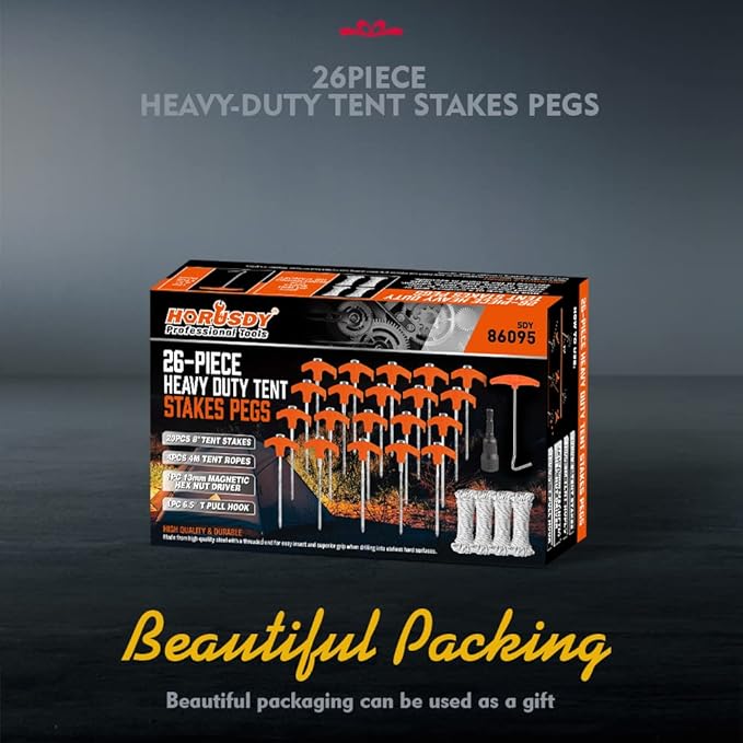 HORUSDY 26 Pack 8.07 Inch Heavy Duty Tent Stakes Tent Pegs Camping Stakes with with 4x13ft Rope & 1 Stopper T Pull Hook