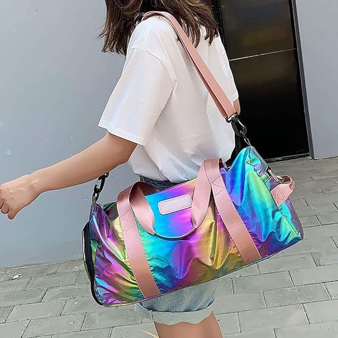 Gym Duffel Bag Women Overnight Medium Lightweight Foldable Weekender Travel Luggage Sport Athletic Water-Proof Dry Wet Shoe Compartment for Girls Kids, Rainbow, onesize