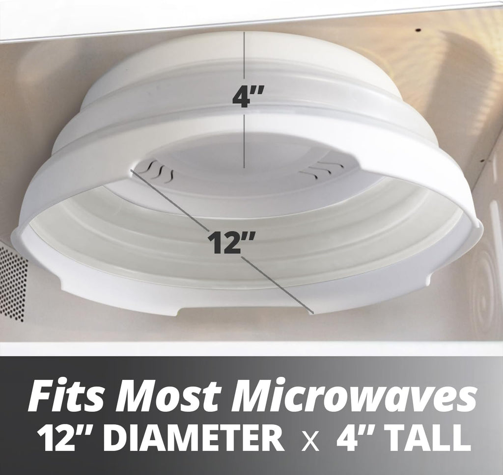 2.0 Magnetic Microwave Splatter Cover, Collapsible 12-Inch BPA-Free Food Lid with Upgraded Magnets, Vented Plate Guard, Dishwasher Safe, Space-Saving Magnetic Storage - White