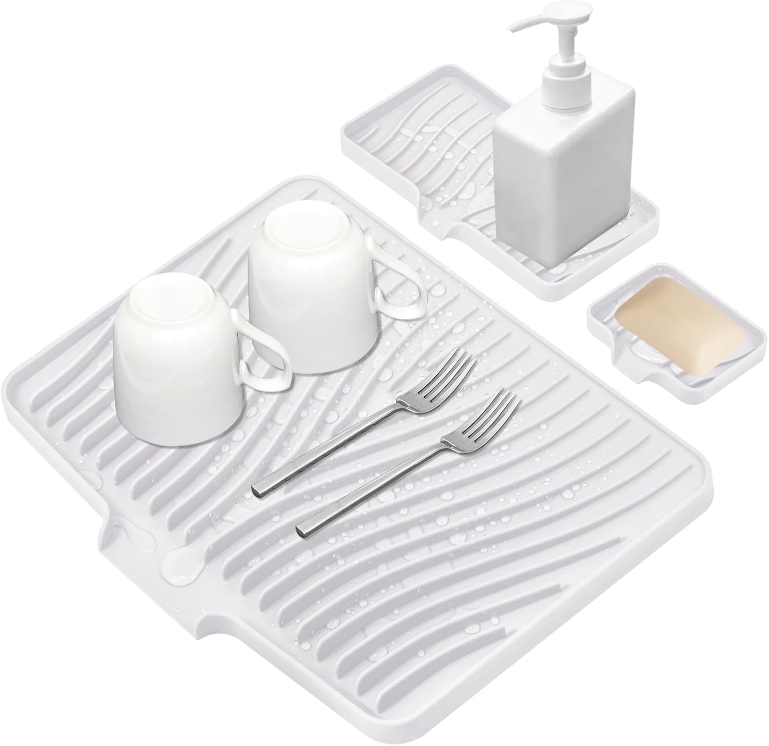 Silicone Dish Drying Mat for Kitchen Counter, Dish Drying Pad, Non-Slip Drain Pad with Built-in Drain, Heat Resistant Stone Drying Mat, 1 set (Ivory)