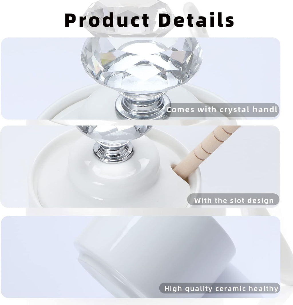 Ceramic Honey Jar with Dipper and Crystal Lid, Small Honey Pot for Home Kitchen, 8oz (Silver)