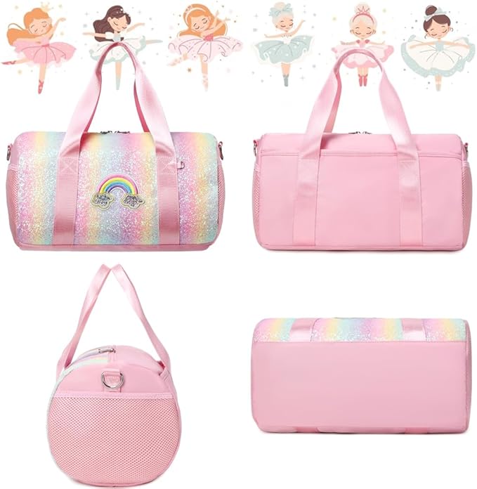 Ballet Dance Bag for Girls Dancers Shiny Rainbow Glitter Sports Duffle Bag for Kids Girls Ballerina Duffle with Shoulder Strap and Waterproof Wet Pocket
