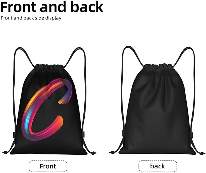 Drawstring Bags Initial Drawstring Backpack Sackpack Black Draw String Cinch Bags for Sports, Gym, Travel, Swimming, Beach, Camping, Rainbow Letter C