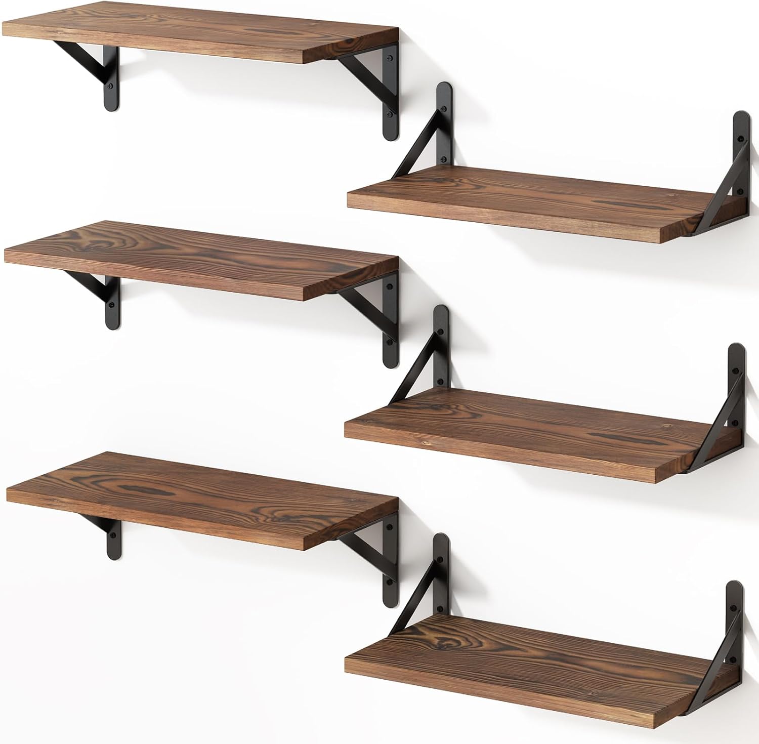 YGEOMER 16.5 Inch Floating Shelves for Wall, Farmhouse Wall Shelves for Bedroom, Bathroom Storage, Living Room and Kitchen Decor (Set of 6 Dark Carbonized Pine)