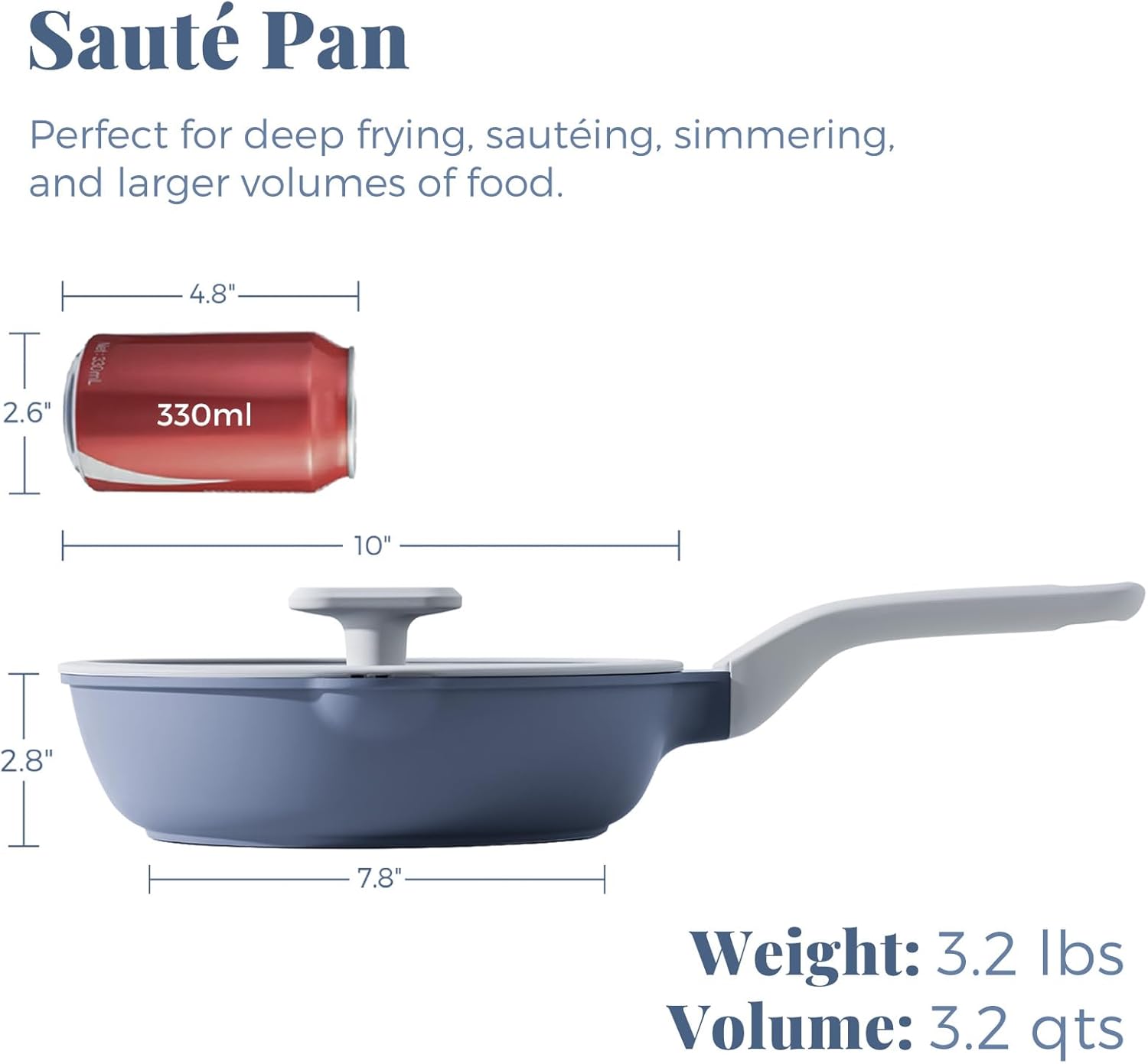 Ceramic Nonstick Deep Saute Pan with Lid, 10/12 Inch Non Toxic Pans with Double Pour Spout, Helper Handle and Lid, Metal Utennsil Safe, Dishwasher Safe, (10 Inch, Gray)