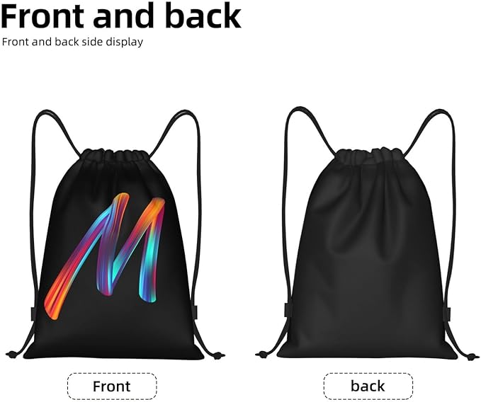 Drawstring Bags Initial Drawstring Backpack Sackpack Black Draw String Cinch Bags for Sports, Gym, Travel, Swimming, Beach, Camping, Rainbow Letter M