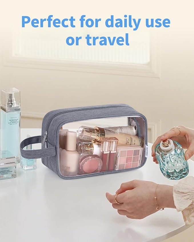 Narwey Clear Travel Toiletry Bags for Traveling Toiletries Men Women, Clear Makeup Bag Cosmetic Bag with Zipper, Make Up Pouch Organizer Bags with Handle, Skincare Bag (Grey)
