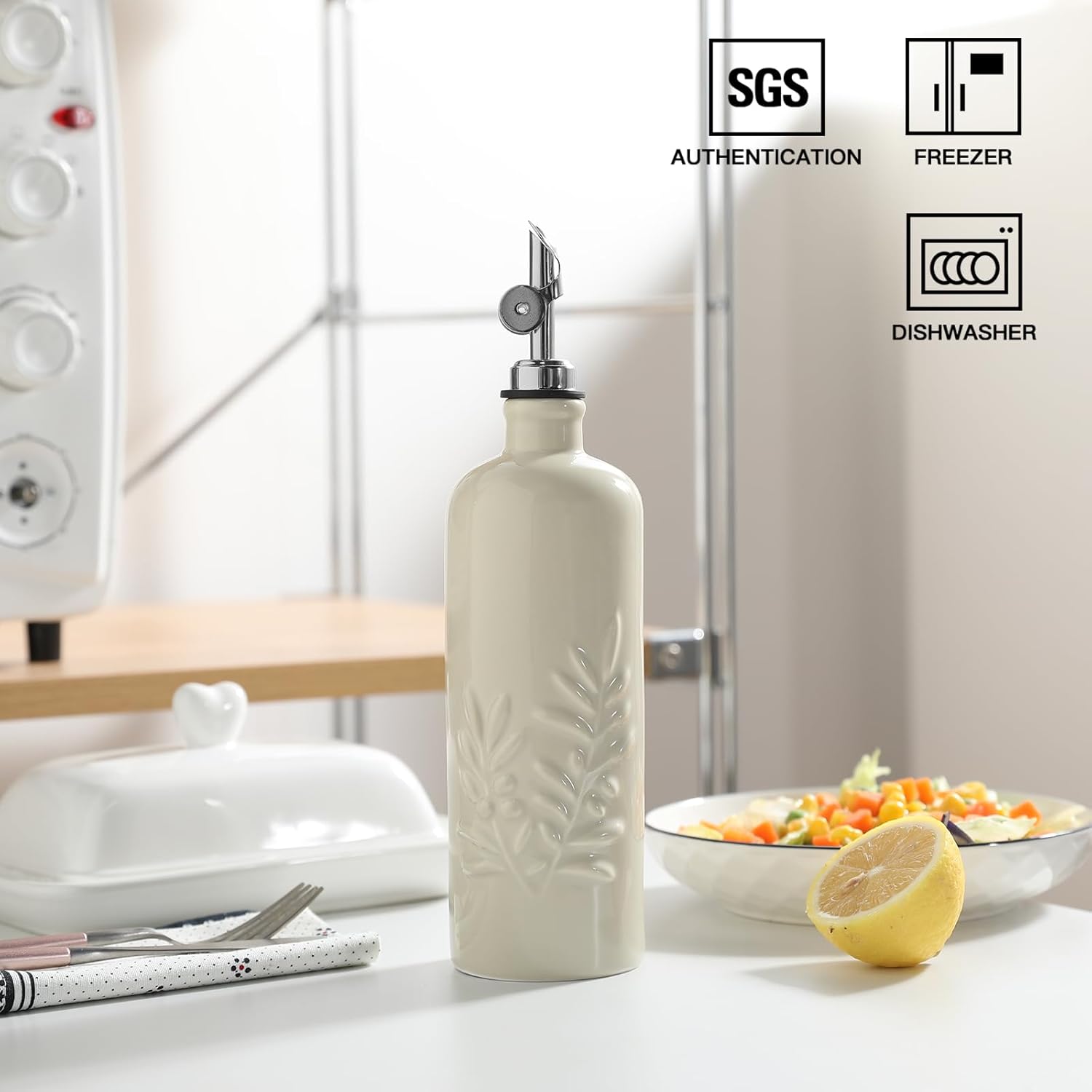 Sweejar 18 Oz Oil Dispenser for Kitchen with Gravity Spout, Ceramic Olive Oil Dispenser Bottle, Relief Opaque Vinegar Container for Evoo, Vinegar, Soy Sauce, Pack of 1(Beige, Silver Spout)
