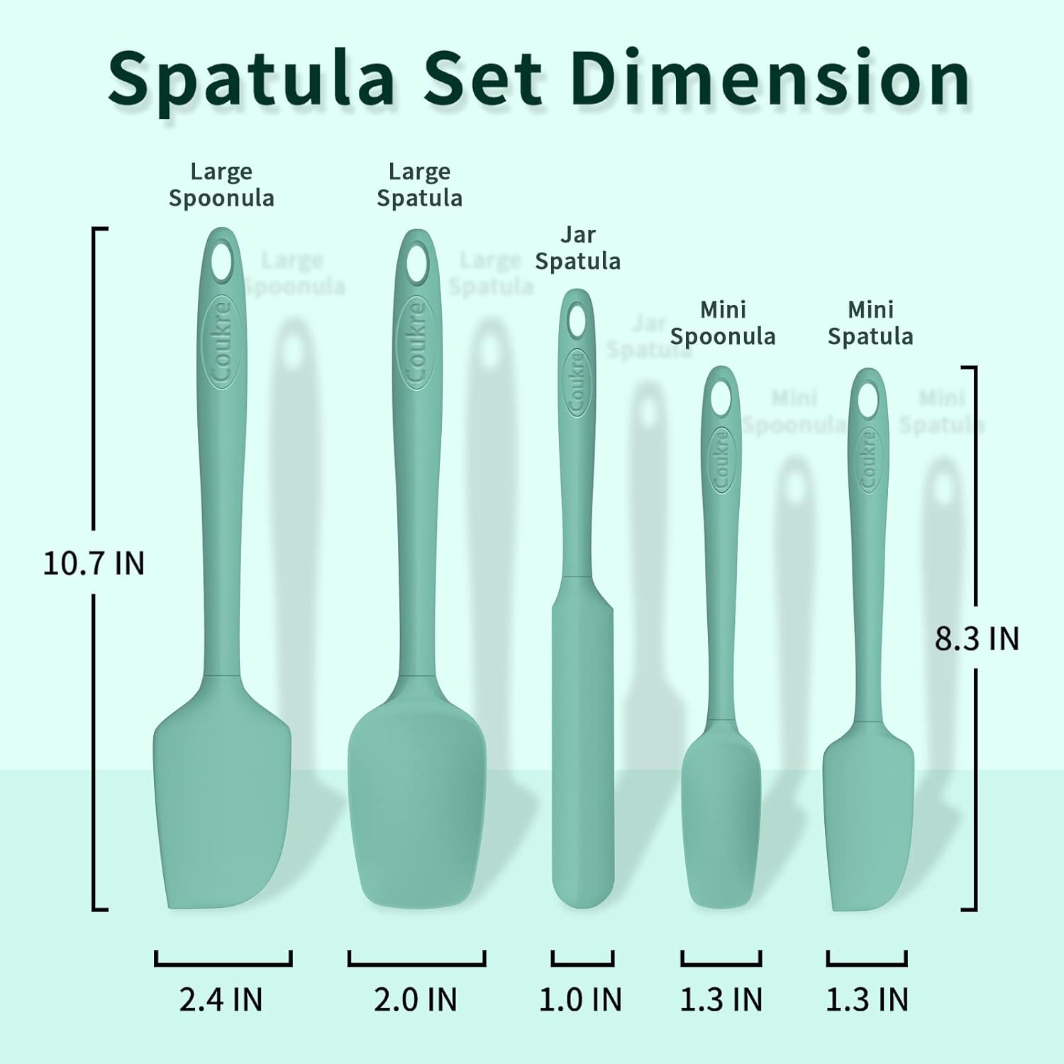 Coukre Silicone Spatula Set of 5,High Temperature Resistant, Food Grade Silicone, Dishwasher Safe, for Baking, Cooking (Pure Aqua Green)
