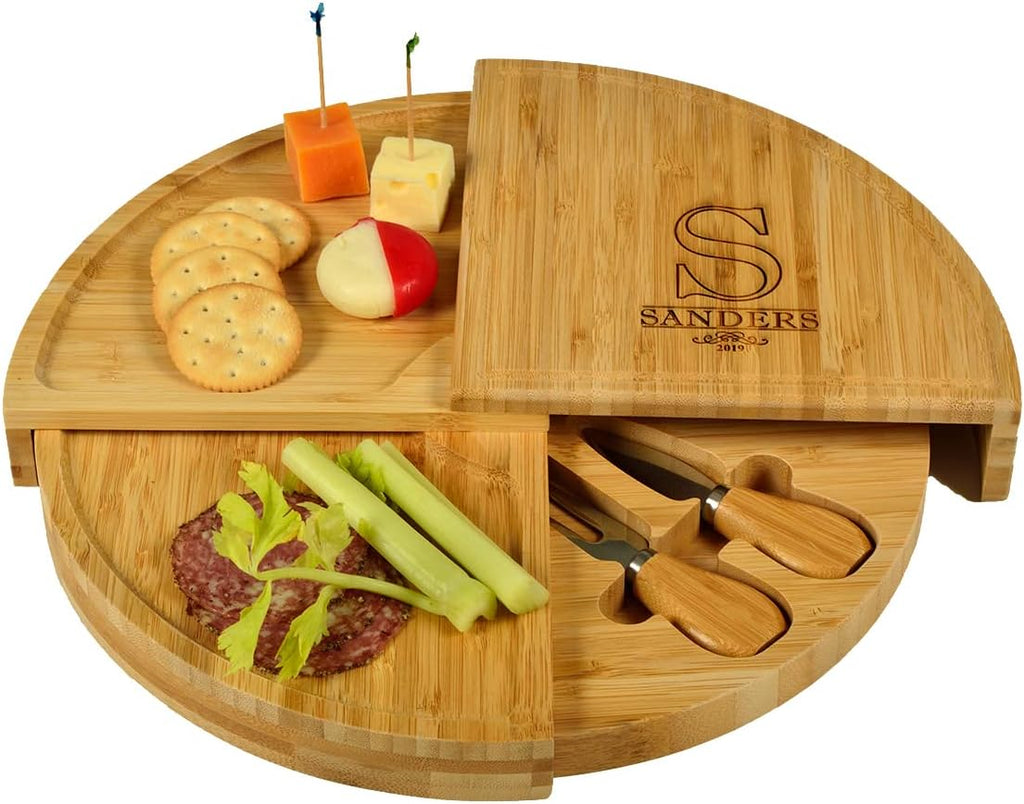 Picnic at Ascot Custom Personalized Engraved Bamboo Cheese/Charcuterie Board - US Patented Designed enables All in One Storage
