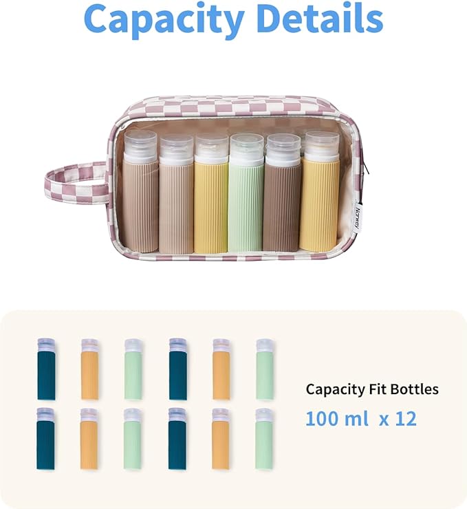 Narwey Checkered Clear Makeup Bag Cosmetic Bag with Zipper for Travel, Clear Toiletry Bags for Traveling Toiletries Women Men, Make Up Pouch with Handle, Skincare Bag (Dusty Pink Checkerboard)