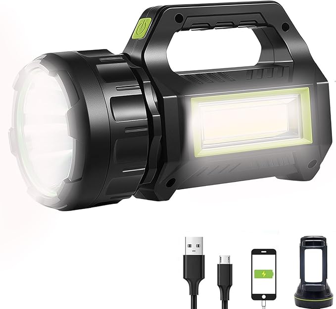 LED Searchlight LED Lantern, Solar Rechargeable Super Bright 10000LM Handheld LEDs Spotlight, Multifunctional Camping Lamp Work Lights, 7 Light Modes, Power Bank, IPX4 Waterproof, for Emergency