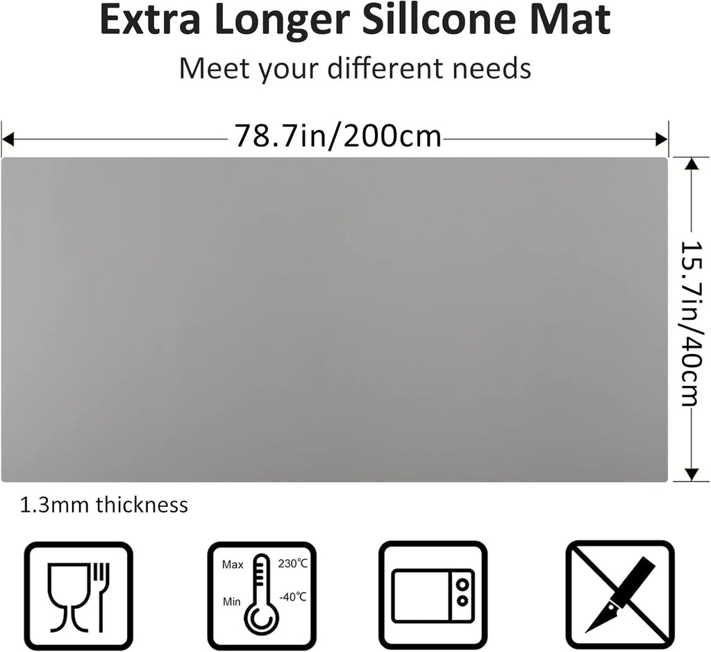 Large Silicone Heat Resistant Mat 78.7” x 15.7”, Nonslip Silicone Mats for Kitchen Counter, Countertop Protector, Nonstick Waterproof Craft Mat Table Placemat, Gray