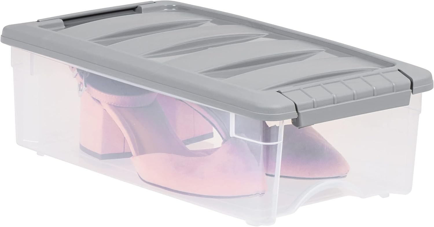 Amazon Basics Plastic Storage Containers with Secure Latching Lids, Stackable Organization Bins, Clear/Grey, 5 Quart, Set of 10