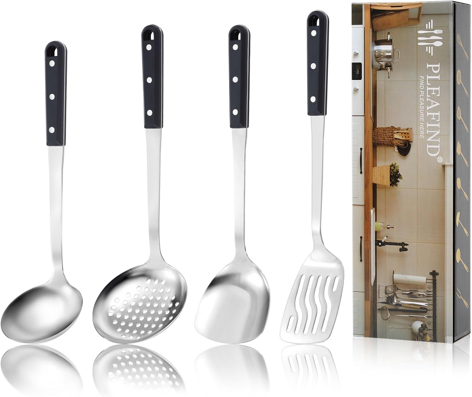 Pleafind 4-Pcs Cooking Utensils Set, Stainless Steel Kitchen Utensils, Mirror Polished Kitchen Essentials Set Include Wok Ladle, Slotted Spoon, Wok Spatula ＆Slotted Spatula, Dishwasher Safe