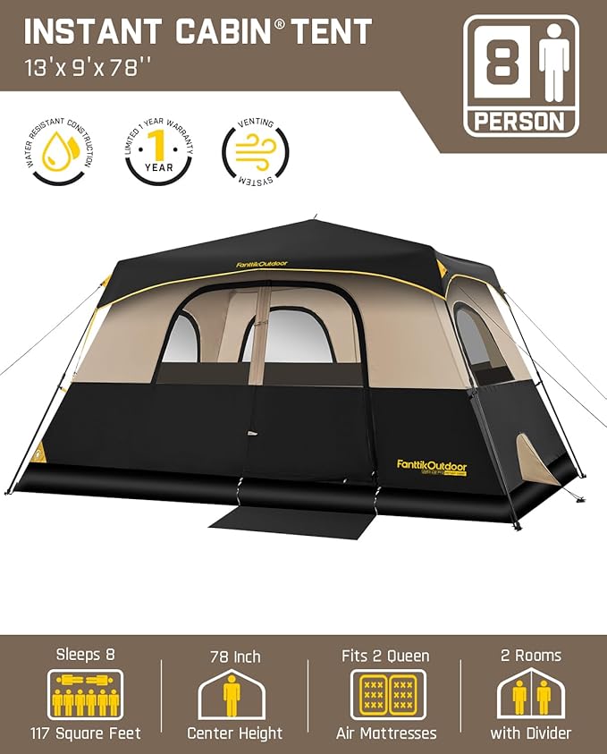 FanttikOutdoor Camping Tent 4/6/8/10 Person Instant Cabin Tent Setup in 60 Seconds with Rainfly & Windproof Portable with Carry Bag for Family Camping & Hiking