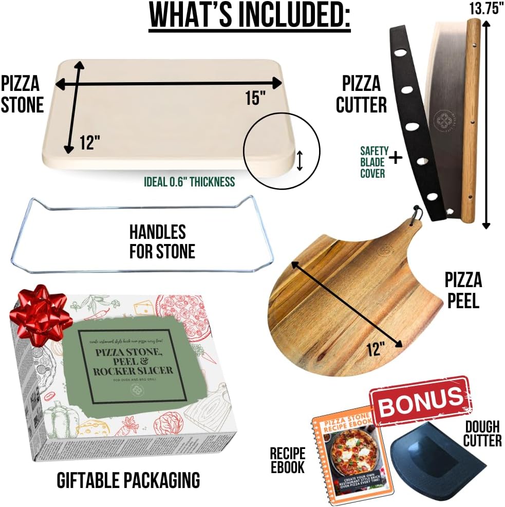 Pizza Stone for Oven and Grill Set - 5PCS Pizza Making Accessories Kit - 15 inch Pizza Stone with Handles, Pizza Peel, Pizza Cutter, Dough Tool - Baking Stone for Bread - Large Rectangular Oven Stones